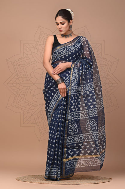 Colourful Hand block Printed Kota Doria Sarees with Blouse (KDS016)