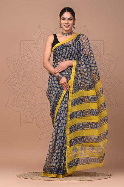 Colourful Hand block Printed Kota Doria Sarees with Blouse (KDS020)