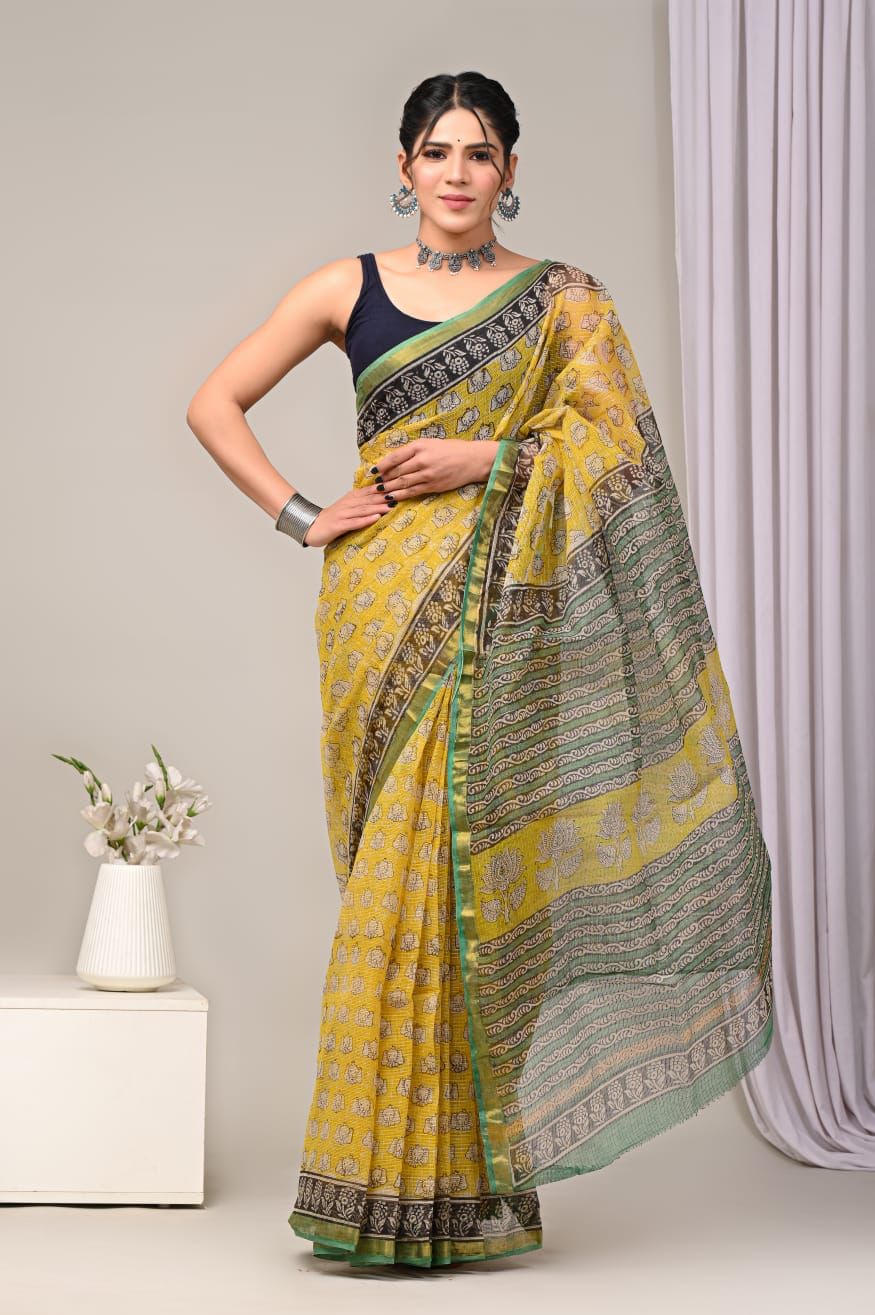 Colourful Hand block Printed Kota Doria Sarees with Blouse (KDS022)