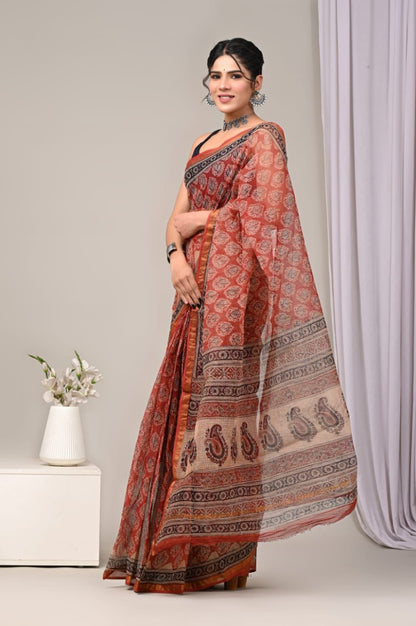 Colourful Hand block Printed Kota Doria Sarees with Blouse (KDS023)