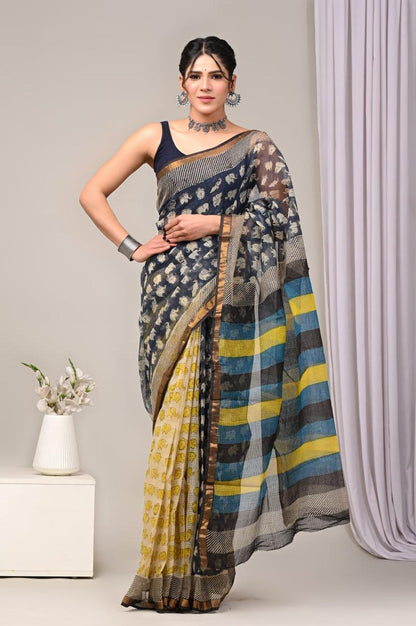 Colourful Hand block Printed Kota Doria Sarees with Blouse (KDS026)