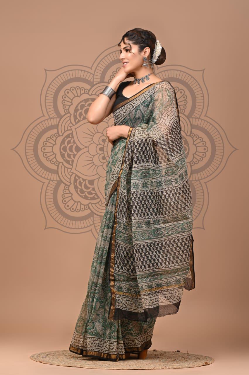 Colourful Hand block Printed Kota Doria Sarees with Blouse (KDS028)