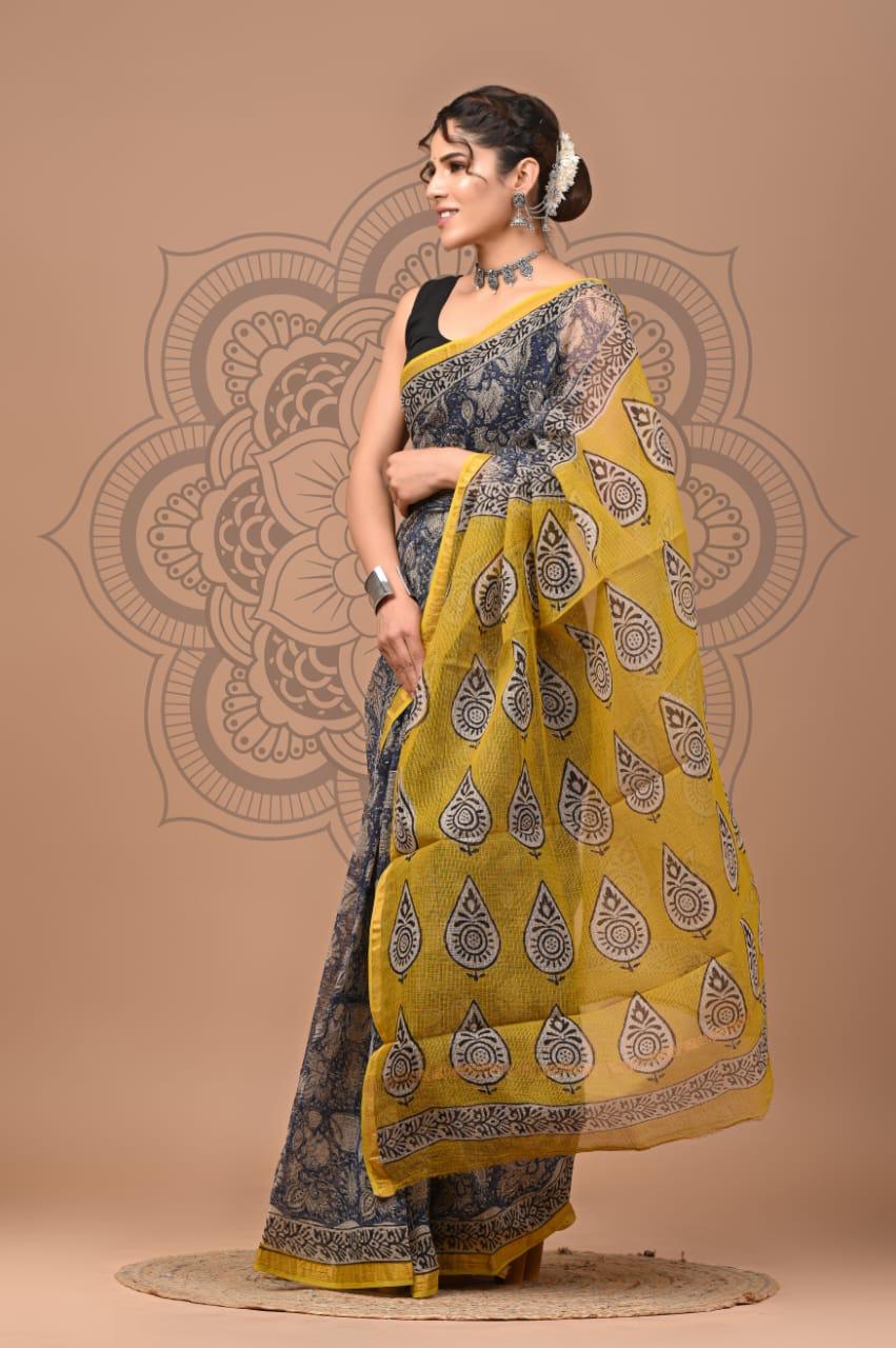 Colourful Hand block Printed Kota Doria Sarees with Blouse (KDS030)