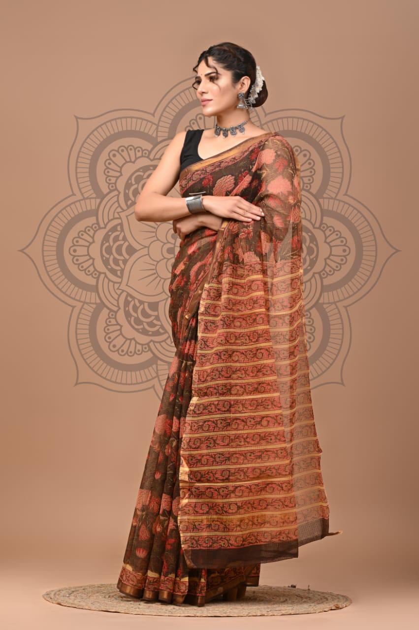 Colourful Hand block Printed Kota Doria Sarees with Blouse (KDS031)