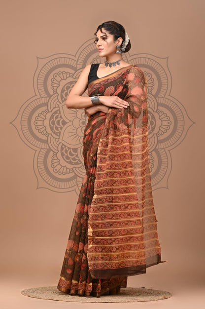 Colourful Hand block Printed Kota Doria Sarees with Blouse (KDS031)