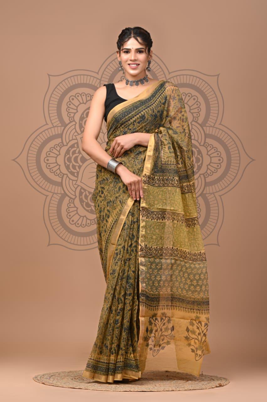 Colourful Hand block Printed Kota Doria Sarees with Blouse (KDS032)