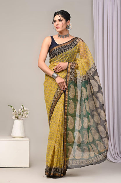 Colourful Hand block Printed Kota Doria Sarees with Blouse (KDS034)