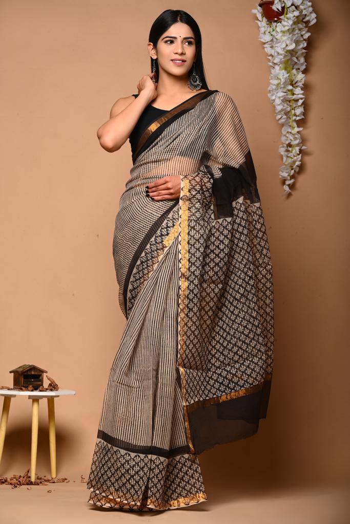 Colourful Hand block Printed Kota Doria Sarees with Blouse (KDS035)