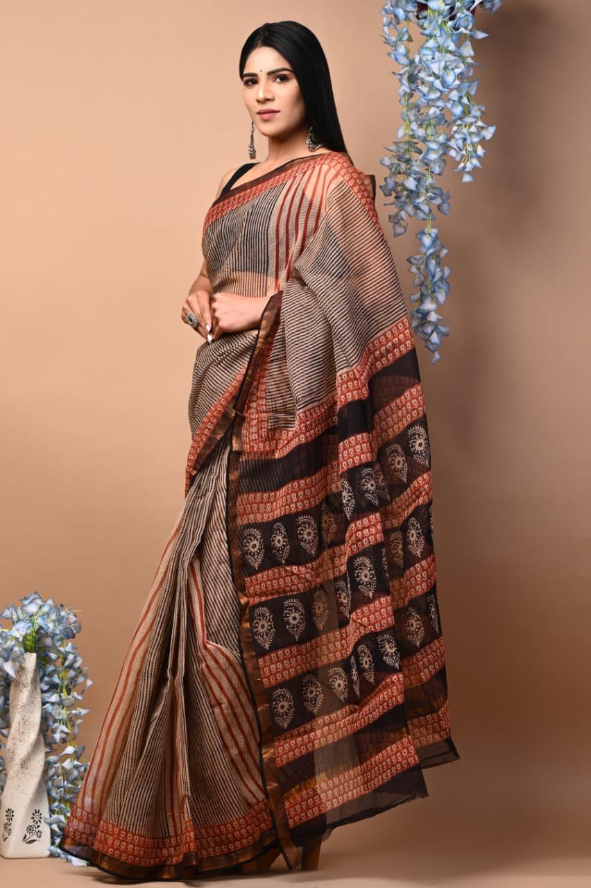 Colourful Hand block Printed Kota Doria Sarees with Blouse (KDS039)