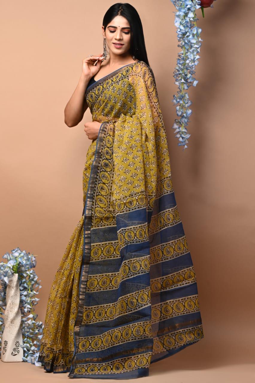 Colourful Hand block Printed Kota Doria Sarees with Blouse (KDS041)