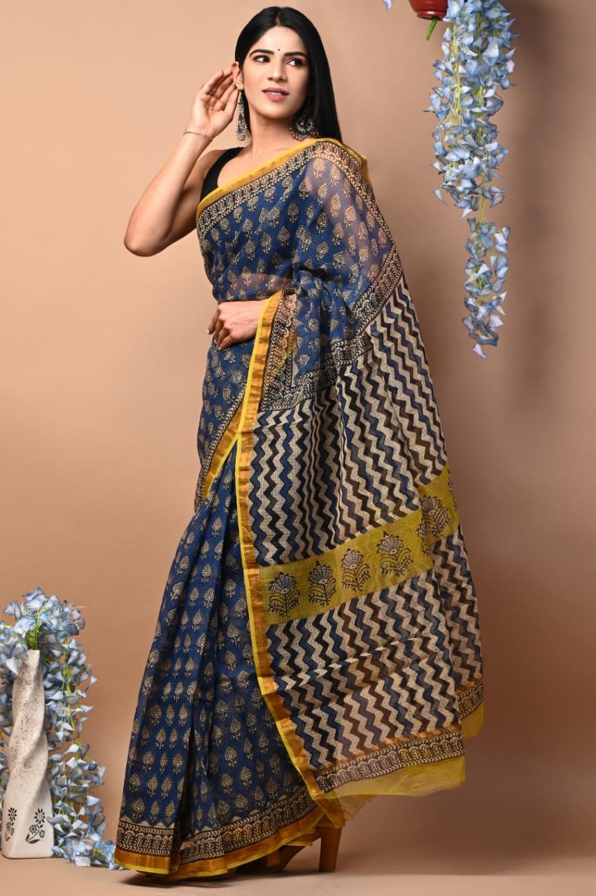 Colourful Hand block Printed Kota Doria Sarees with Blouse (KDS042)