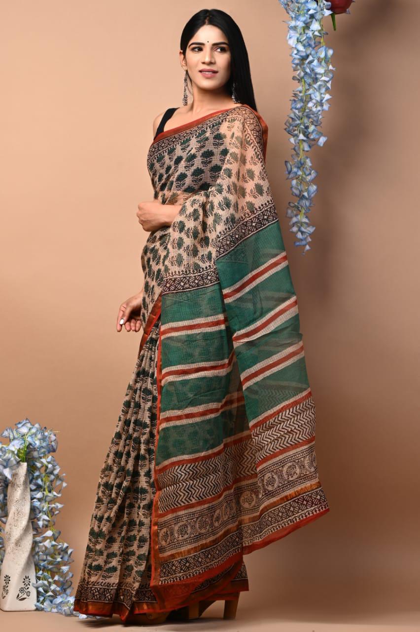 Colourful Hand block Printed Kota Doria Sarees with Blouse (KDS043)