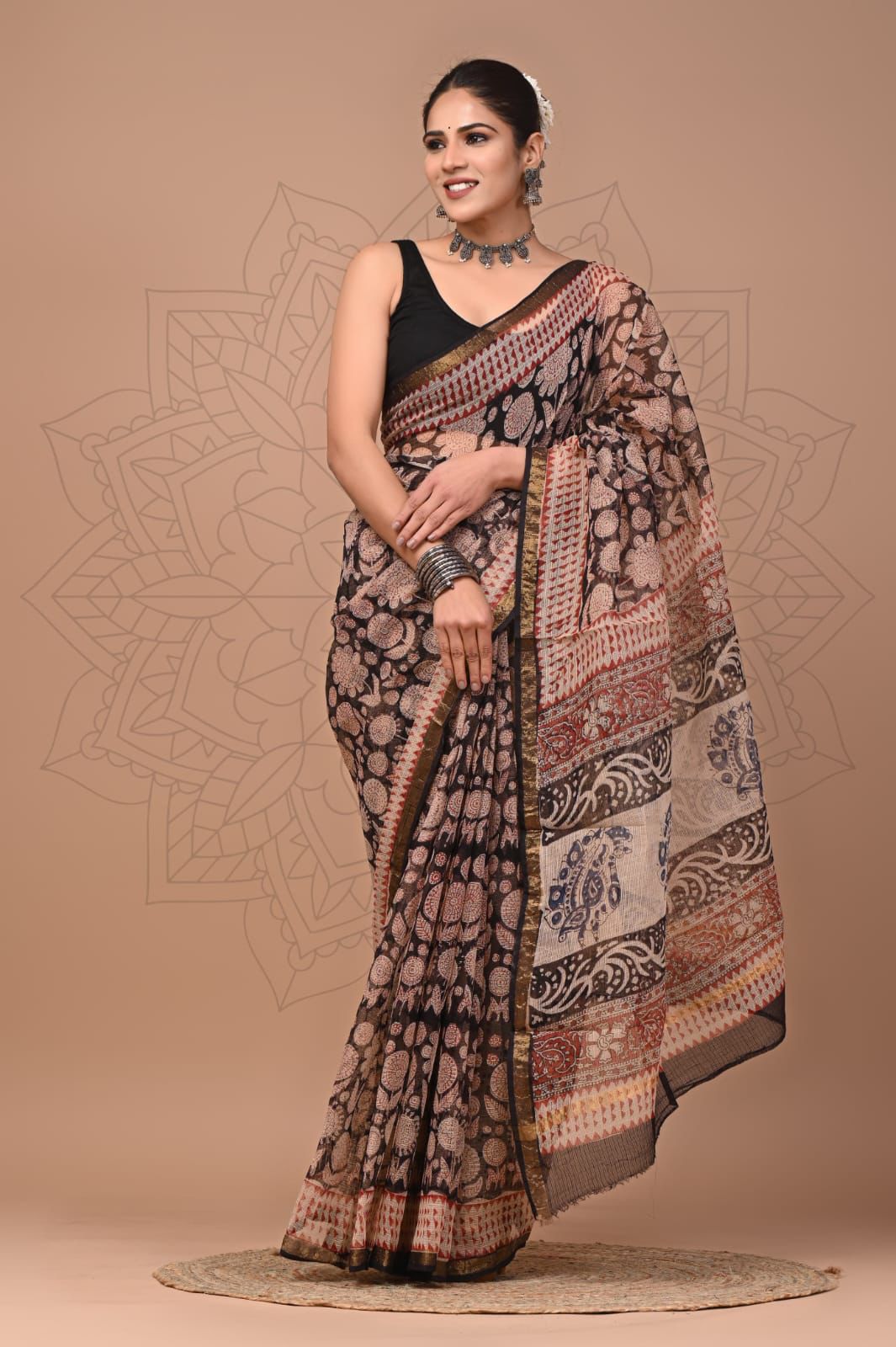 Colourful Hand block Printed Kota Doria Sarees with Blouse (KDS047)