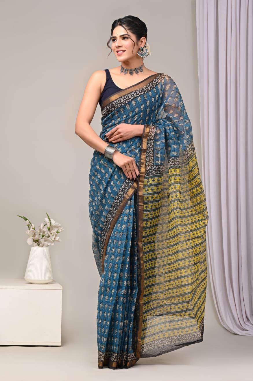 Colourful Hand block Printed Kota Doria Sarees with Blouse (KDS050)