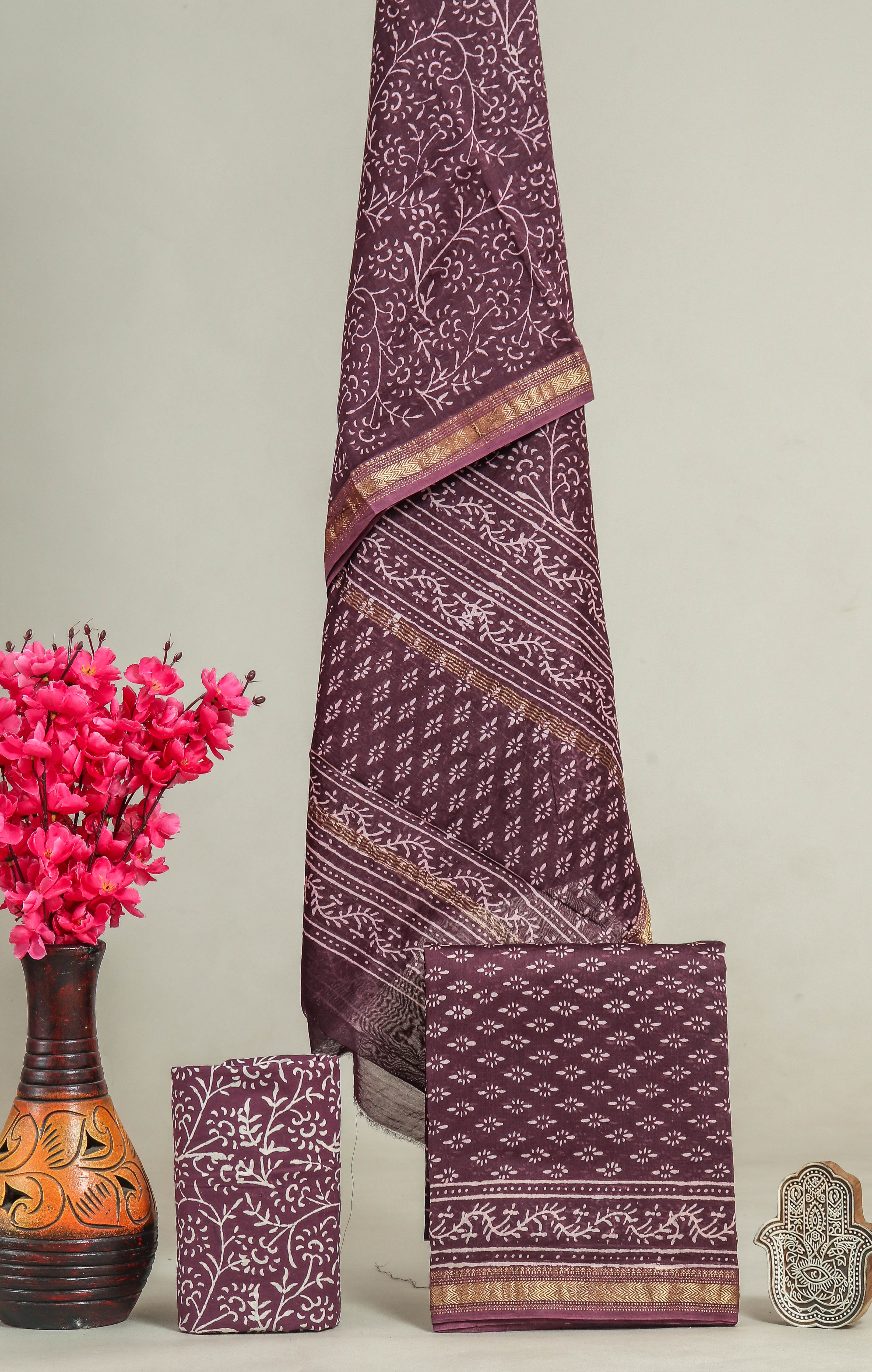 Designer Hand Block Print Maheshwari Silk Suit Set (MSS0010)