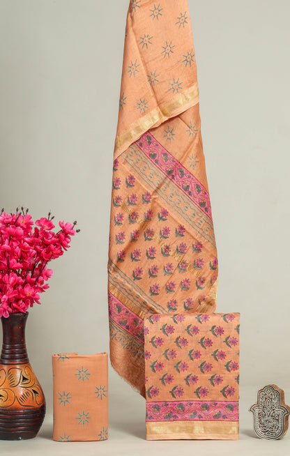 Designer Hand Block Print Maheshwari Silk Suit Set (MSS0017)