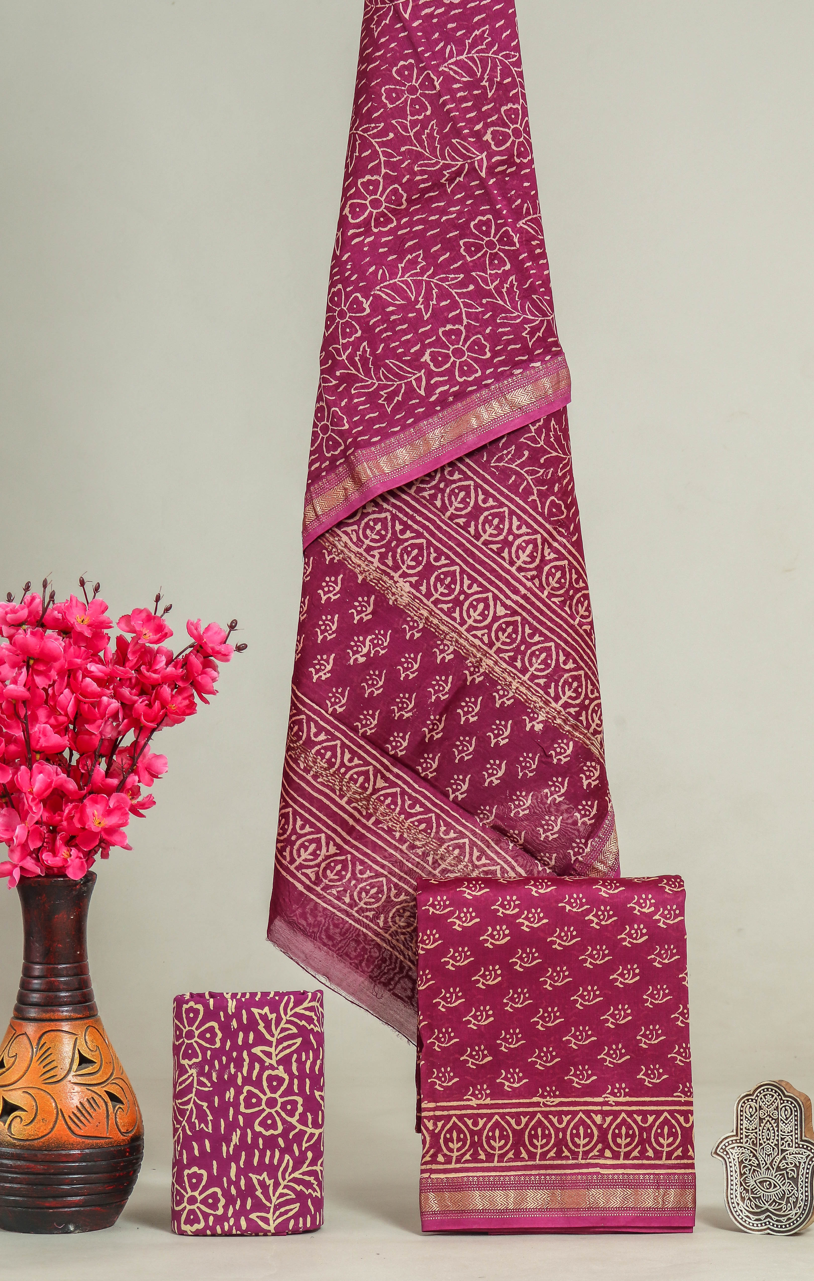 Designer Hand Block Print Maheshwari Silk Suit Set (MSS0028)