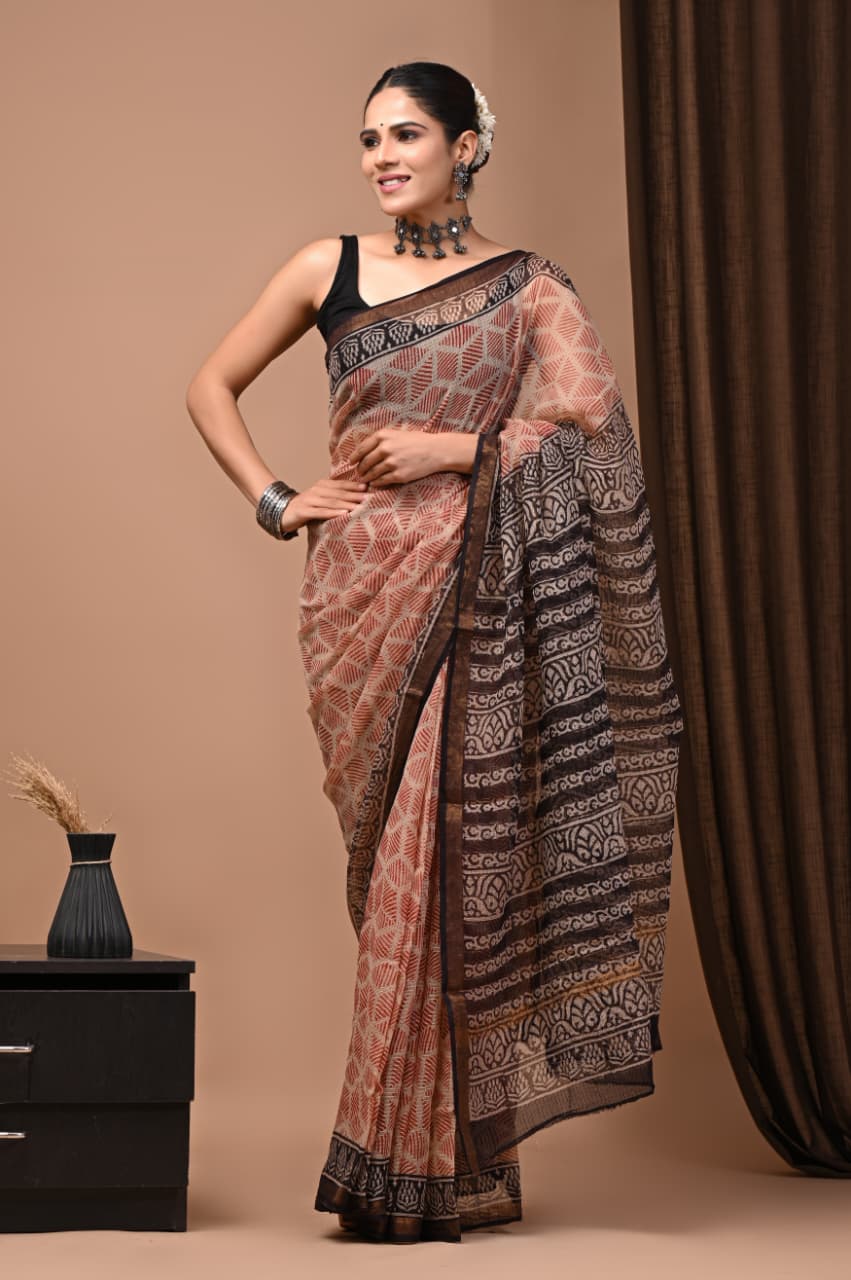 Colourful Hand block Printed Kota Doria Sarees with Blouse (KDS053)