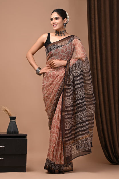 Colourful Hand block Printed Kota Doria Sarees with Blouse (KDS053)