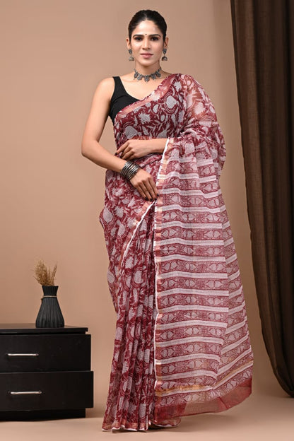 Colourful Hand block Printed Kota Doria Sarees with Blouse (KDS052)