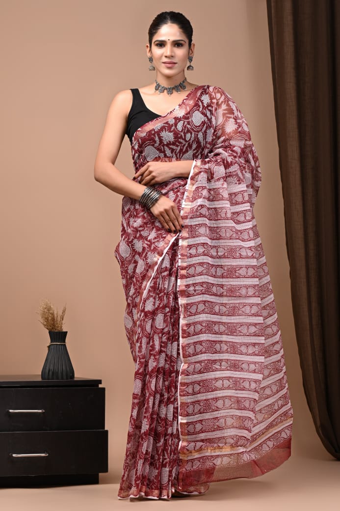 Colourful Hand block Printed Kota Doria Sarees with Blouse (KDS052)