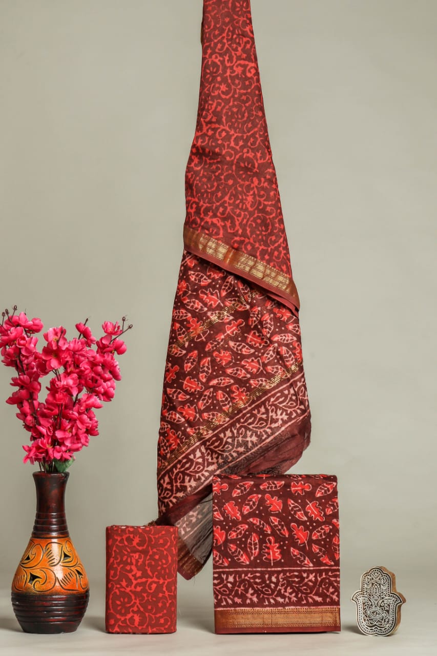 Designer Hand Block Print Maheshwari Silk Suit Set (MSS0039)