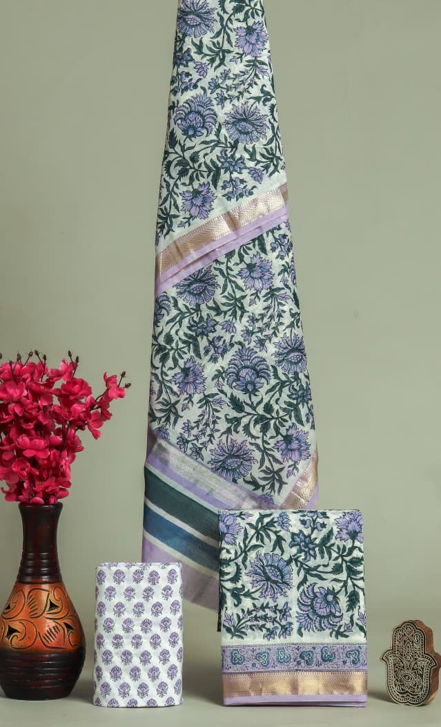 Designer Hand Block Print Maheshwari Silk Suit Set (MSS0027)