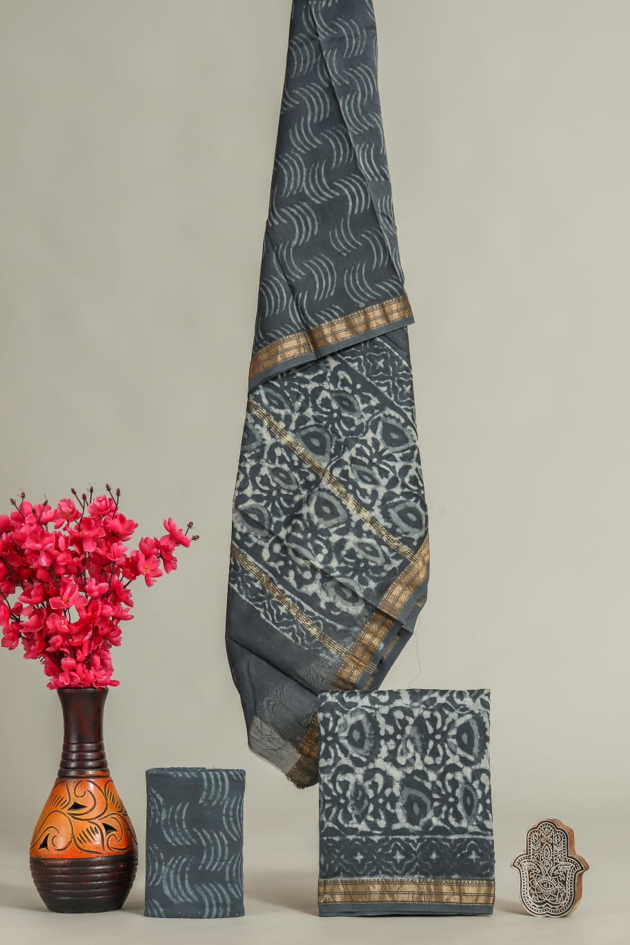 Designer Hand Block Print Maheshwari Silk Suit Set (MSS0042)