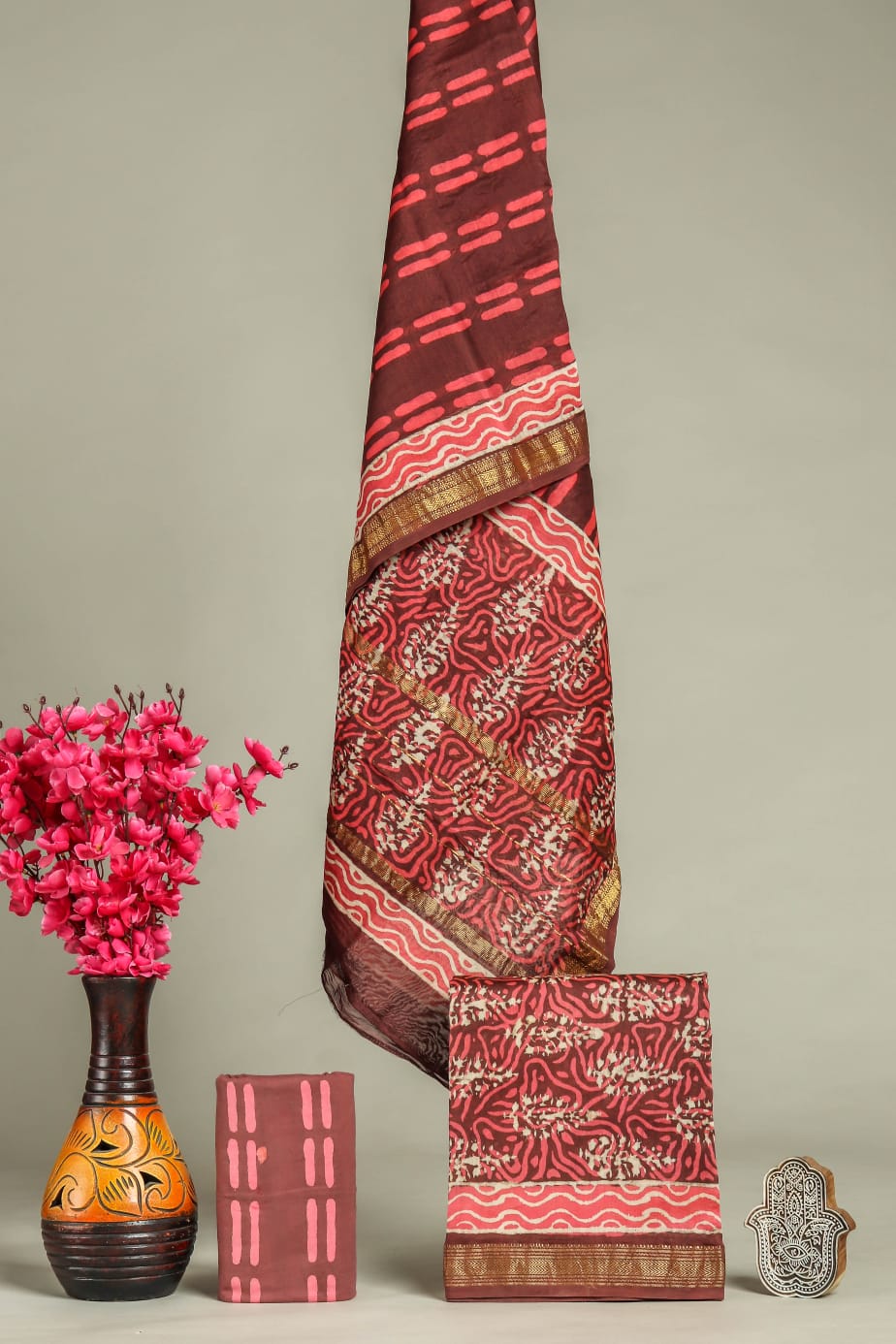 Designer Hand Block Print Maheshwari Silk Suit Set (MSS0041)