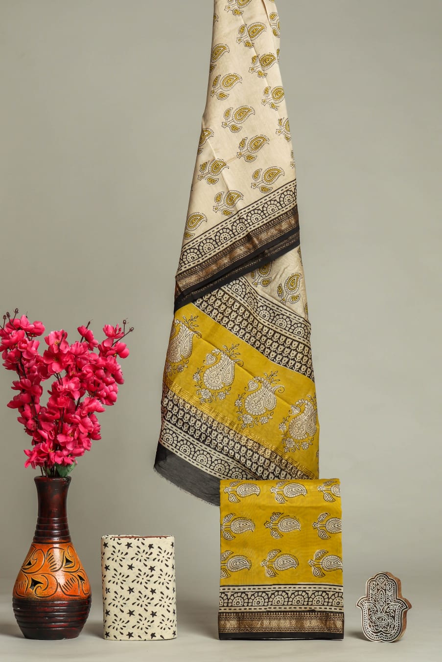 Designer Hand Block Print Maheshwari Silk Suit Set (MSS0036)