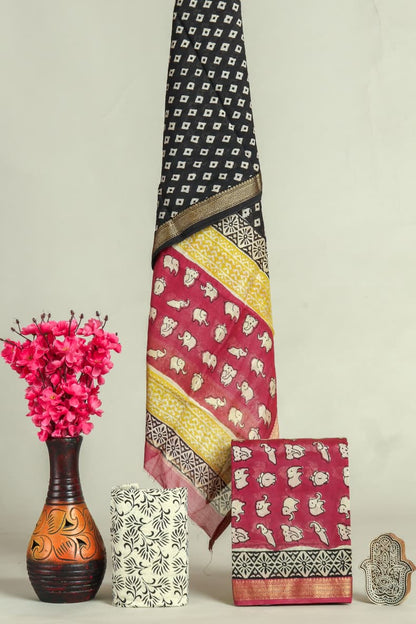 Designer Hand Block Print Maheshwari Silk Suit Set (MSS0035)