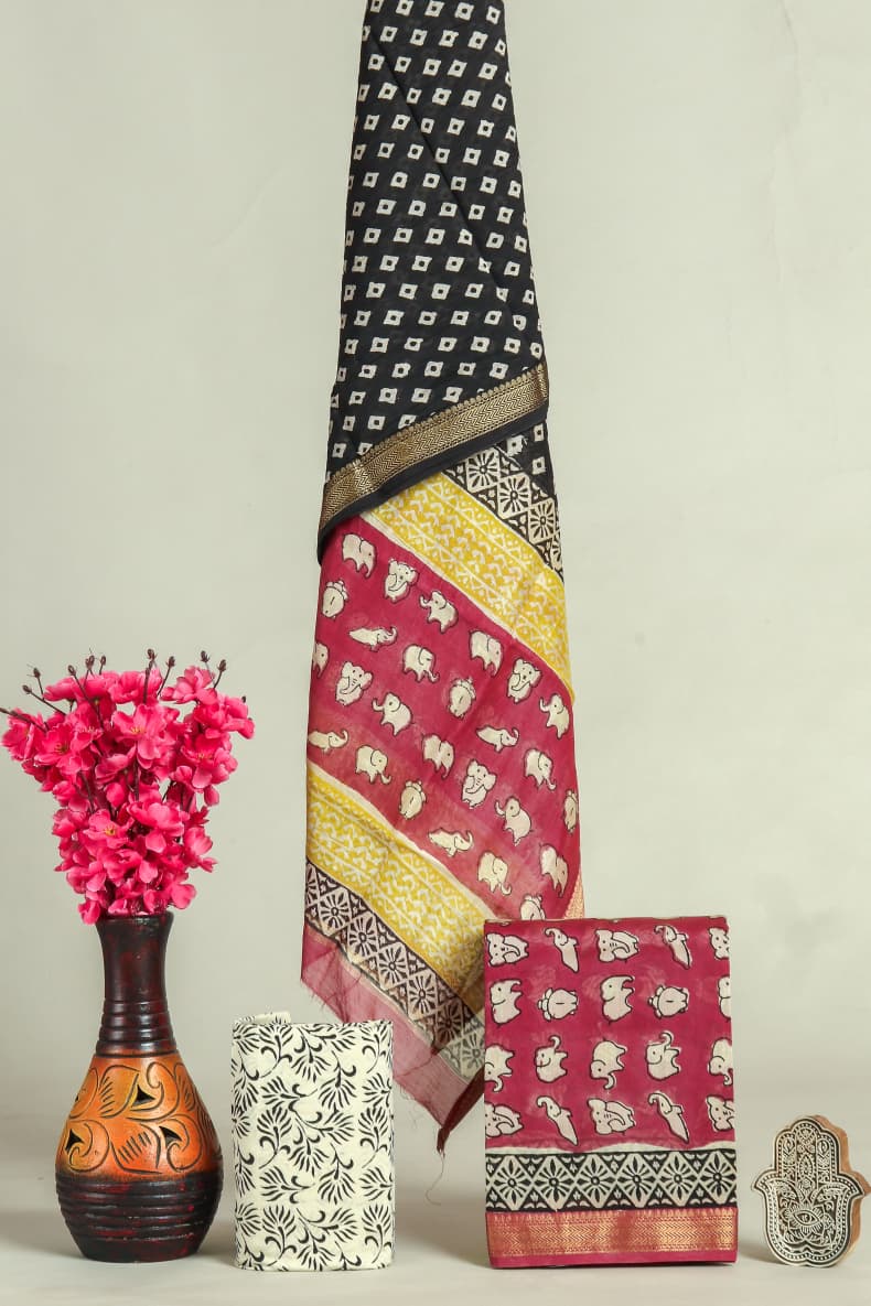 Designer Hand Block Print Maheshwari Silk Suit Set (MSS0035)