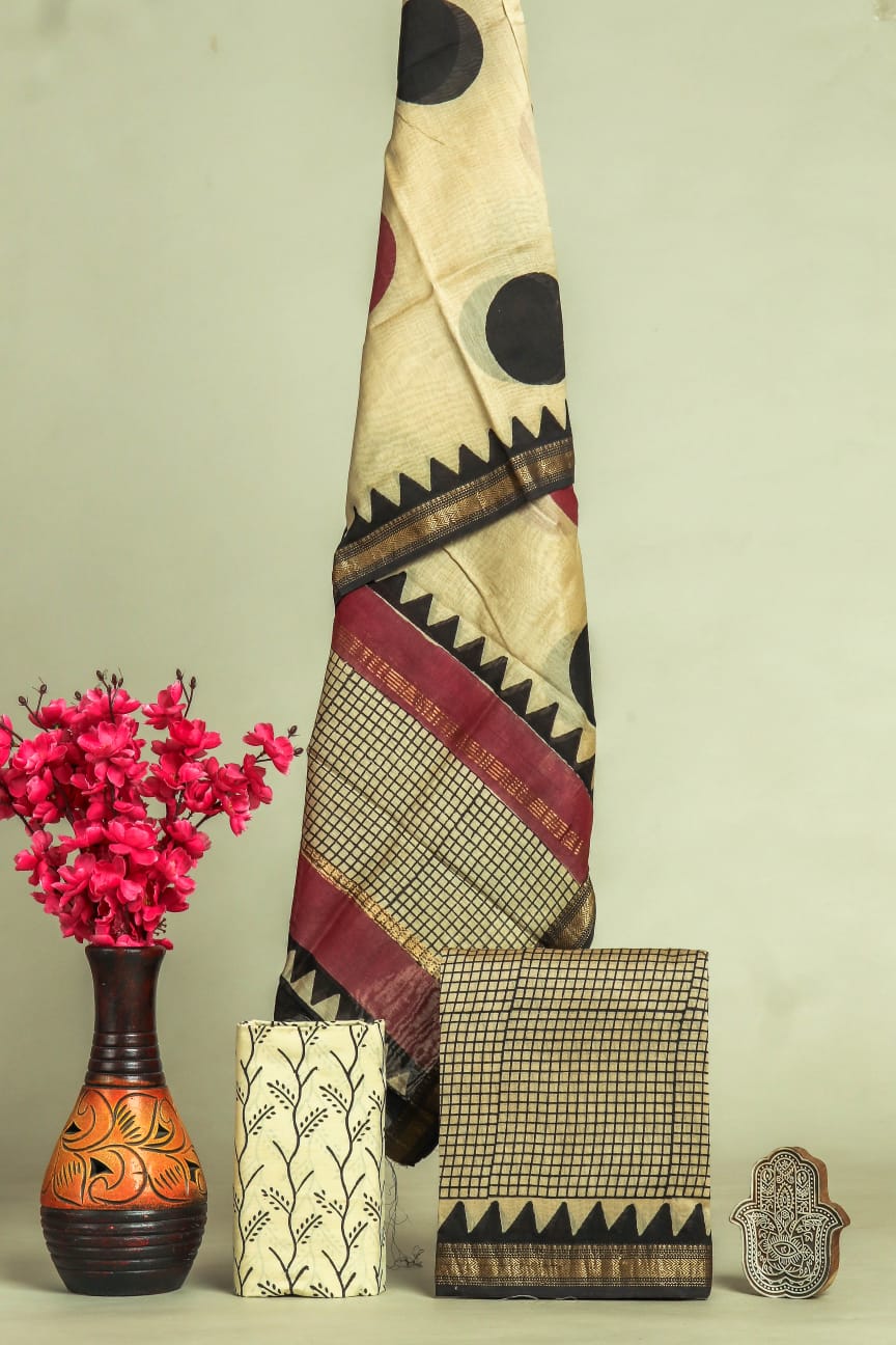Designer Hand Block Print Maheshwari Silk Suit Set (MSS0033)
