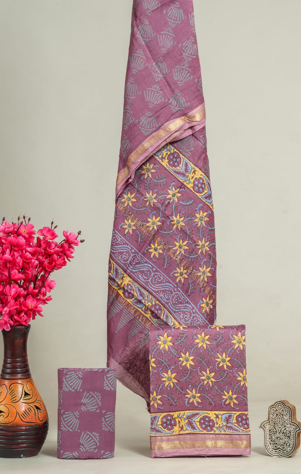Designer Hand Block Print Maheshwari Silk Suit Set (MSS0048)
