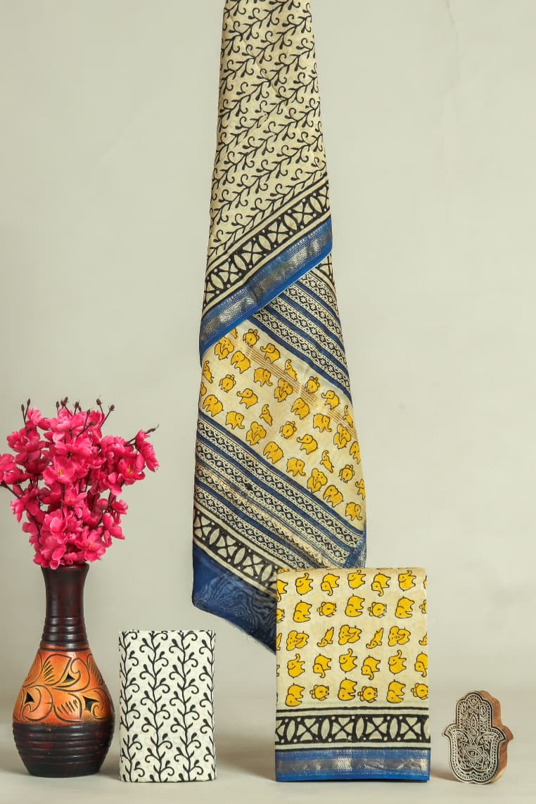 Designer Hand Block Print Maheshwari Silk Suit Set (MSS0024)