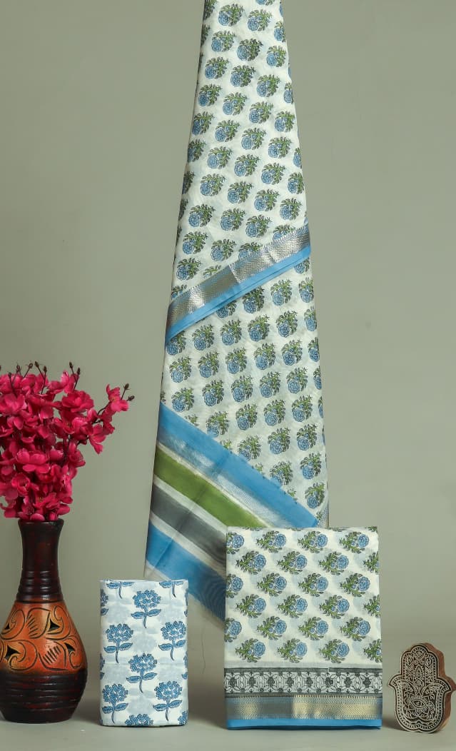 Designer Hand Block Print Maheshwari Silk Suit Set (MSS0012)