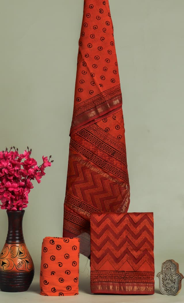 Designer Hand Block Print Maheshwari Silk Suit Set (MSS0011)