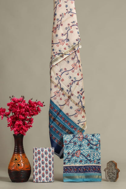 Designer Hand Block Print Maheshwari Silk Suit Set (MSS0045)