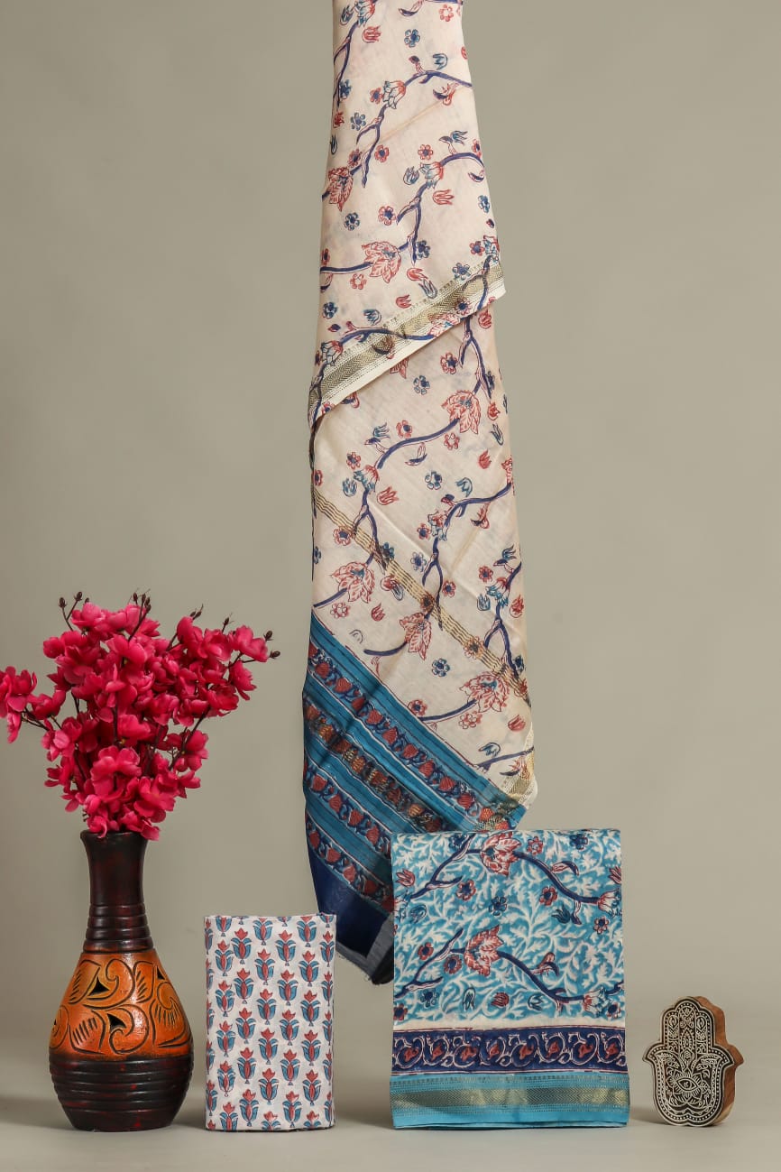 Designer Hand Block Print Maheshwari Silk Suit Set (MSS0045)